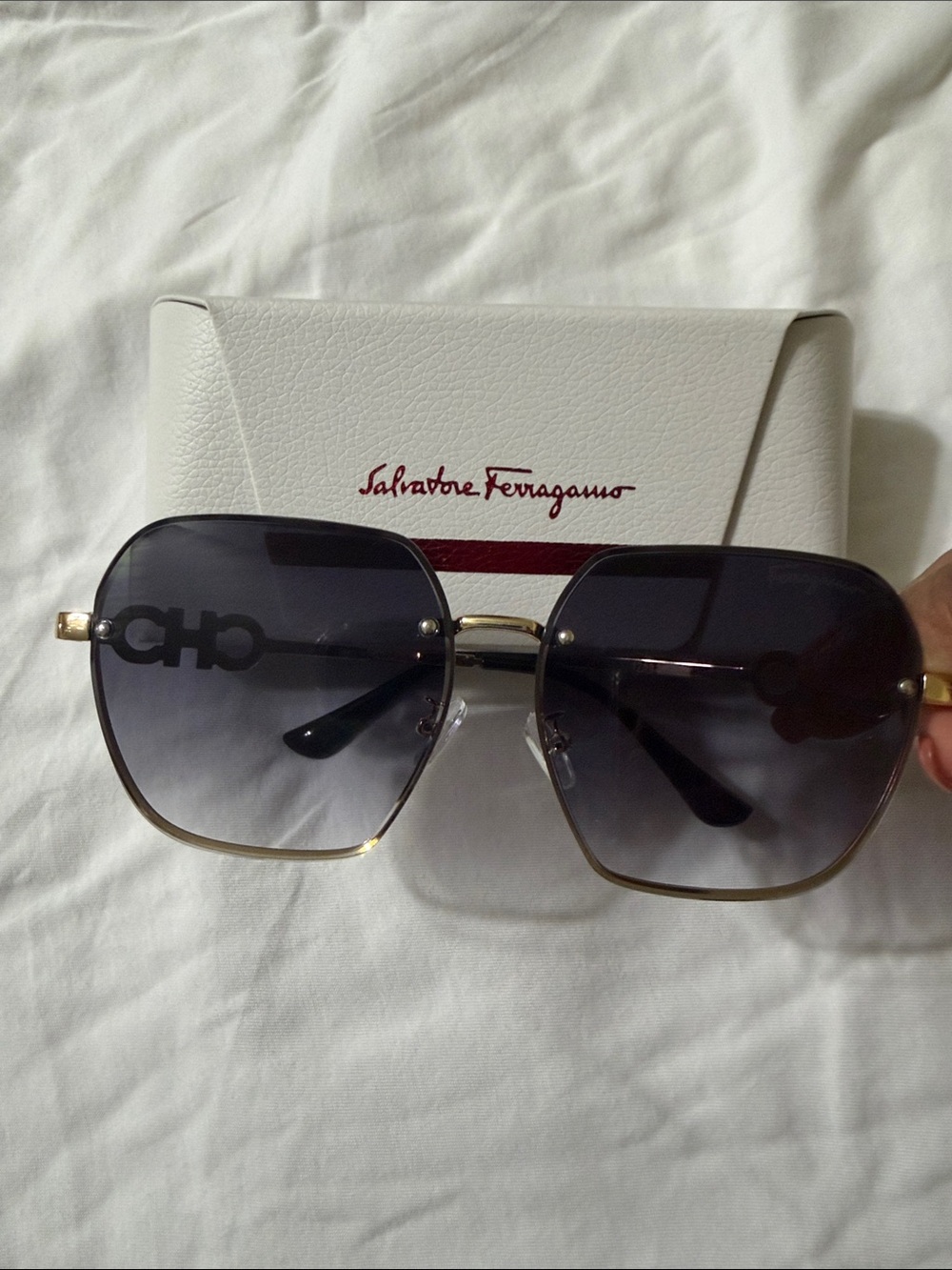 Salvatore Ferragamo Gold Frame Sunglasses with Dark Gray Gradient Lenses